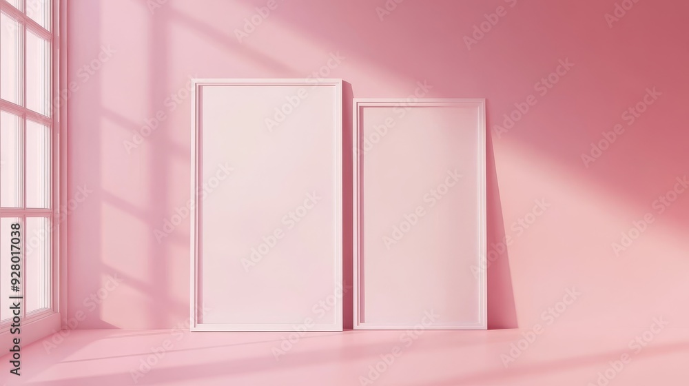 Two white picture frames on pink background