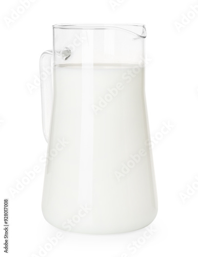 Glass jug with fresh milk isolated on white photo