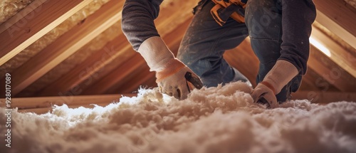 A worker insulates an attic, focusing on energy efficiency and comfort with high-quality materials for a warmer home.