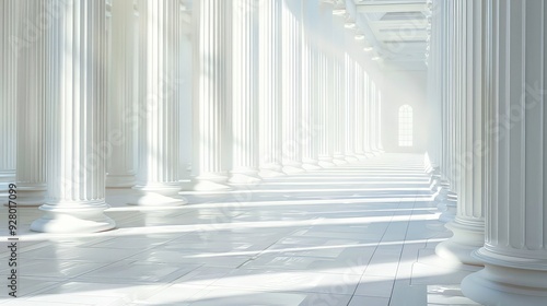 A long row of white columns in a brightly lit room with a window at the end, casting long shadows on the white tiled floor.