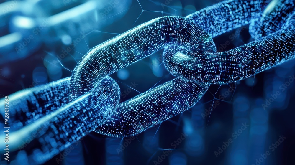 Close-up view of a digital chain link in blue tones, symbolizing network security and interconnected technology. Close-up view of a digital chain link in blue tones, symbolizing network security and interconnected technology.