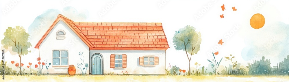 Charming watercolor illustration of a cozy house surrounded by nature, featuring bright colors and a sunny atmosphere. Charming watercolor illustration of a cozy house surrounded by nature, featuring bright colors and a sunny atmosphere.