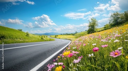 Scenic Highway road Winding Through Colorful flower Landscape and clear sky.