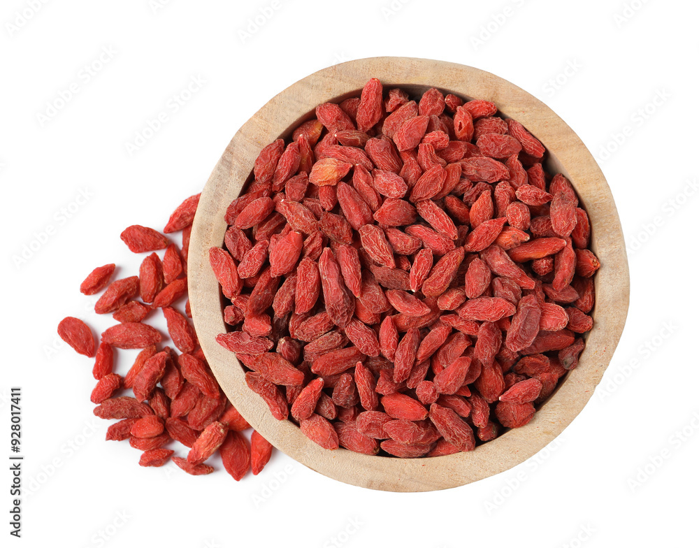 Dried goji berries in bowl isolated on white, top view Dried goji berries in bowl isolated on white, top view