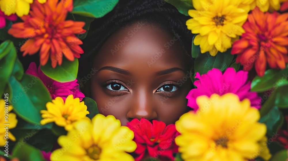 Woman's face peeking through colorful flowers. Woman's face peeking through colorful flowers.