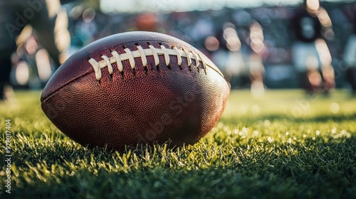 Close-up of a football resting on the grass, ready for action on a vibrant sports field. Perfect for sports and football themes.