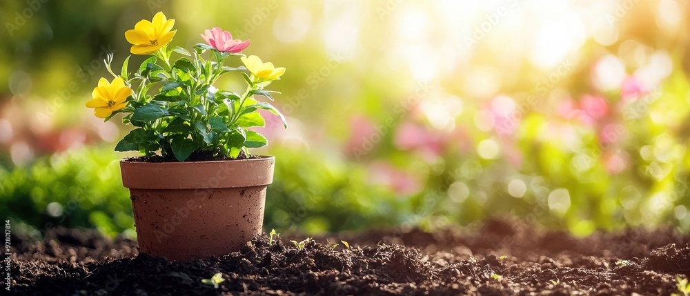 A vibrant flower pot basking in sunlight, surrounded by blossoming flowers and rich, dark soil, perfect for gardening themes. A vibrant flower pot basking in sunlight, surrounded by blossoming flowers and rich, dark soil, perfect for gardening themes.