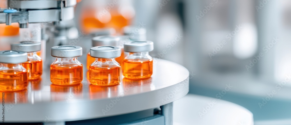 High-end, precision vaccine production line in a sleek factory, captured in a close-up with clean, bright lighting High-end, precision vaccine production line in a sleek factory, captured in a close-up with clean, bright lighting