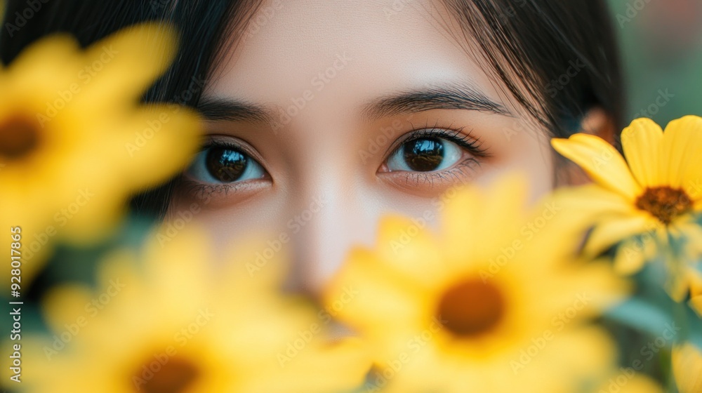 Close-up of a woman's eye peeking through yellow flowers. Close-up of a woman's eye peeking through yellow flowers.