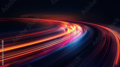 Abstract background with vibrant light trails in a curved pattern.