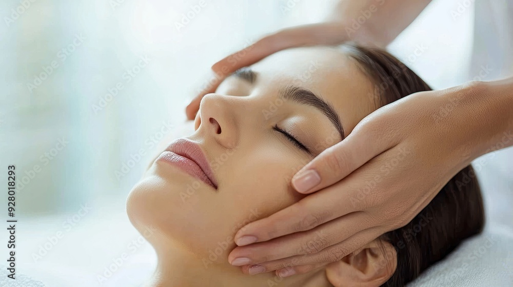 A serene woman enjoys a soothing facial massage with gentle hands, enhancing relaxation and wellness. A serene woman enjoys a soothing facial massage with gentle hands, enhancing relaxation and wellness.