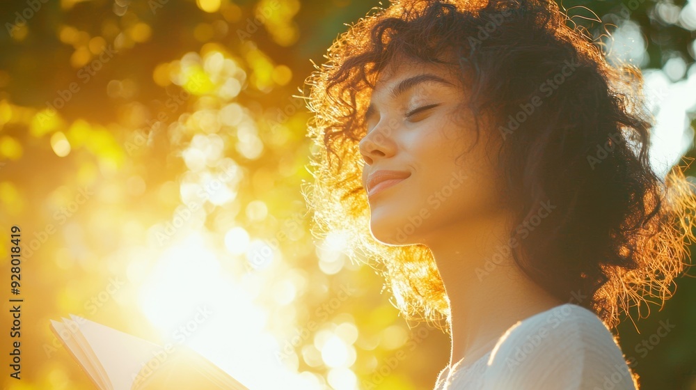 A serene moment of a woman enjoying a sunny day while reading a book in nature's golden light. A serene moment of a woman enjoying a sunny day while reading a book in nature's golden light.