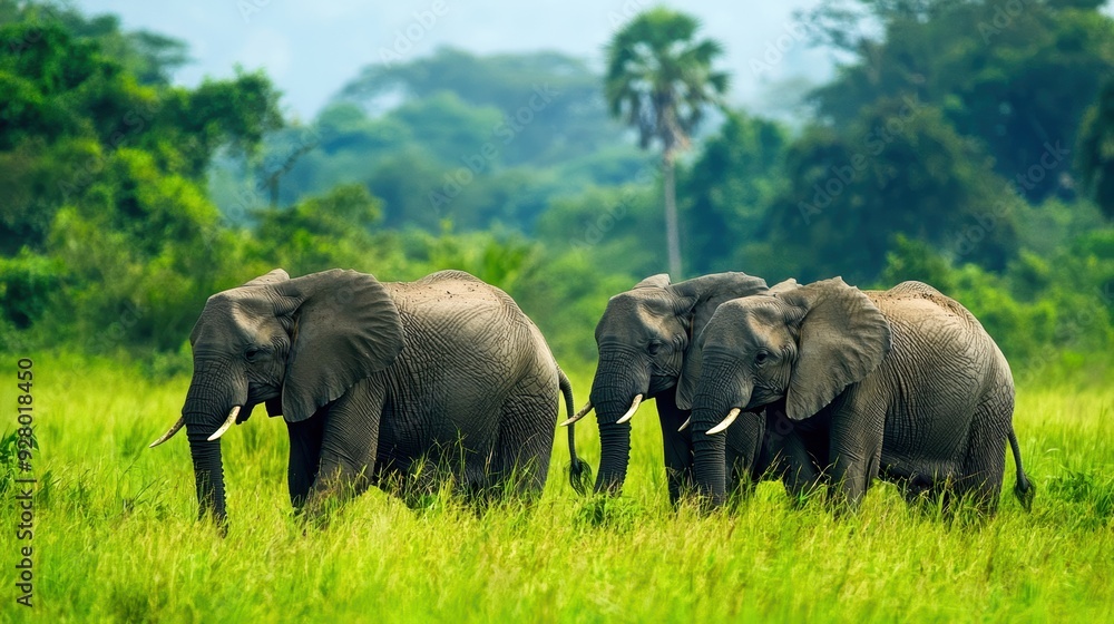 Fototapeta premium A serene image of elephants grazing peacefully in a lush green landscape under a clear sky.