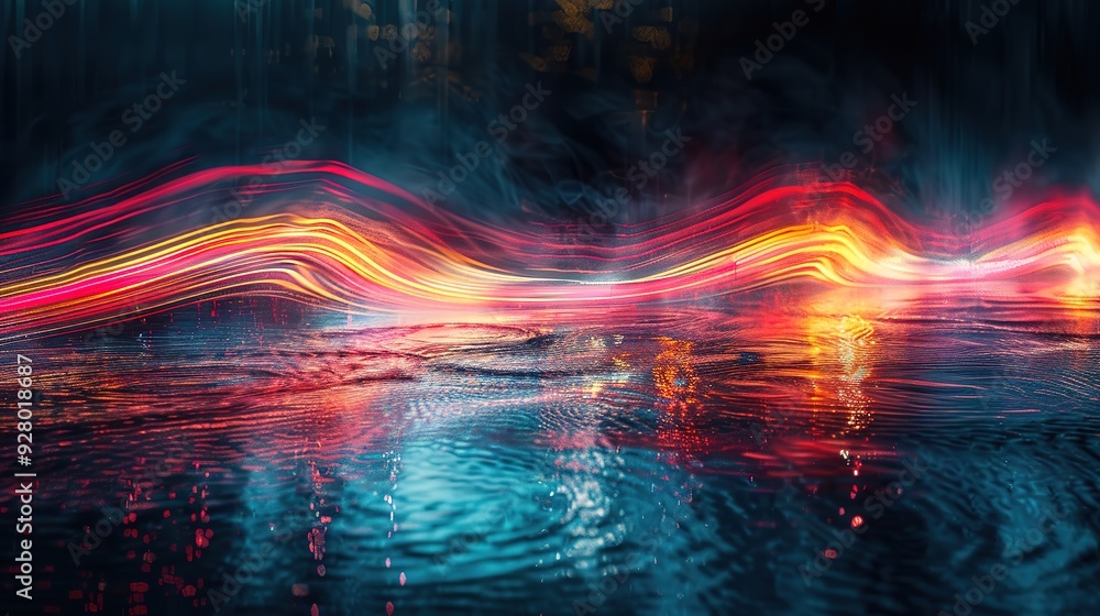 Abstract background with wavy red and yellow lights reflecting on water surface. Abstract background with wavy red and yellow lights reflecting on water surface.