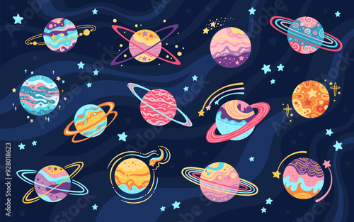 Planets fantasy for children art. Abstract galaxy planets in flat cartoon design set. Fantastic cosmos, celestial space spheres planet for game. Vector design isolated illustration on dark background