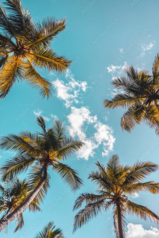 Naklejka premium Tropical low-angle shot of palm trees against a clear blue sky, capturing the serene and relaxing vibes of a sunny day in paradise.