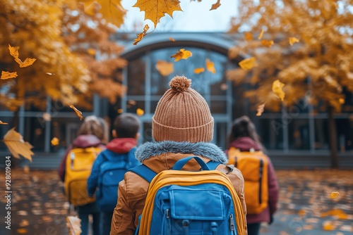 Little kids schoolchildren pupils students running hurrying to the school building for classes