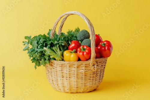 Straw basket with organic vegetables on trendy yellow background. Healthy food, vegetarian diet. Eco-friendly, zero waste, plastic-free concept with generative ai