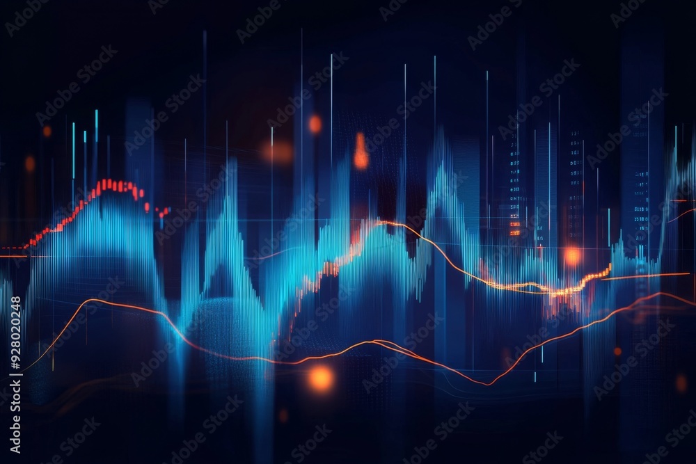 Dynamic stock market graph with blue and orange lines on dark background, featuring candlestick charts and a red line indicating significant upward growth with blurred light effects. Dynamic stock market graph with blue and orange lines on dark background, featuring candlestick charts and a red line indicating significant upward growth with blurred light effects.