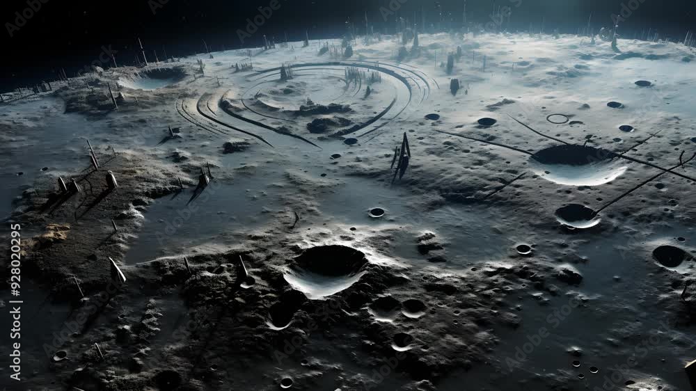 A barren, cratered surface of an alien moon. Tall, needle-like structures pierce the desolate landscape, suggesting a forgotten civilization. A barren, cratered surface of an alien moon. Tall, needle-like structures pierce the desolate landscape, suggesting a forgotten civilization.