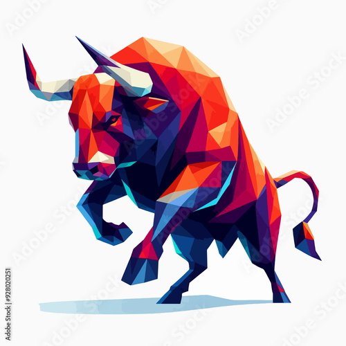 A red and blue bull with horns is shown in a cartoonish style