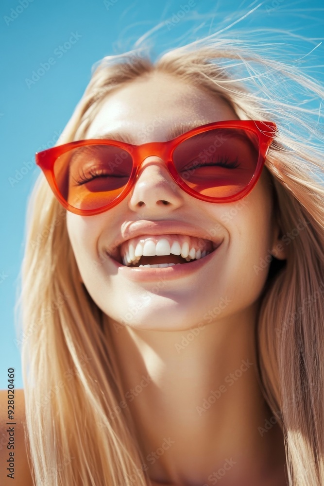 Close-up of a smiling blonde woman with long hair, wearing red sunglasses against a bright blue sunlit background, capturing a natural, happy moment as if sunbathing on the beach.