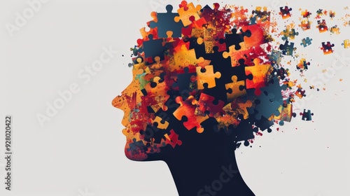 A silhouette of a person's head made of colorful puzzle pieces with pieces scattered around it.