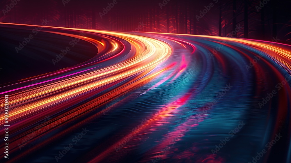 Abstract colorful light streaks on a curved road, creating a dynamic and futuristic design. Abstract colorful light streaks on a curved road, creating a dynamic and futuristic design.