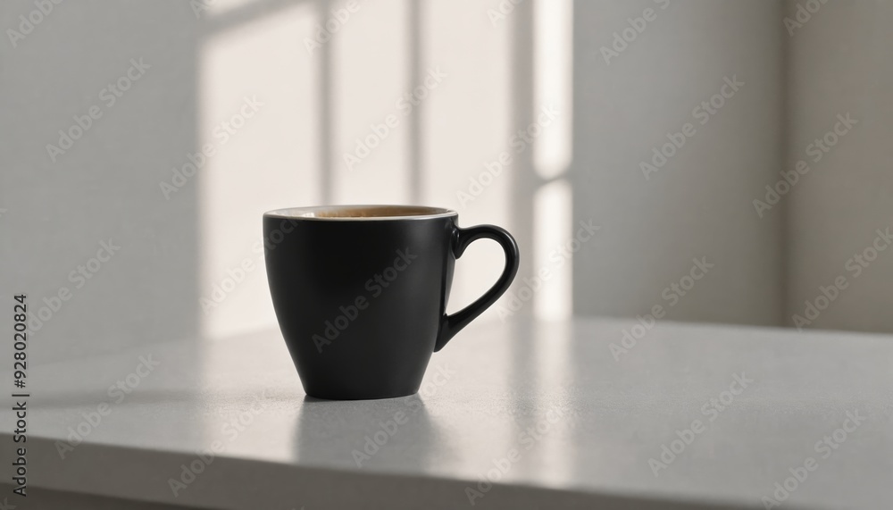A solitary black mug with coffee in the morning light A solitary black mug with coffee in the morning light