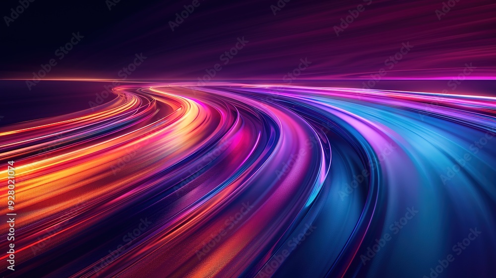 Abstract colorful light streaks, dynamic and energetic, flowing into a dark purple background. Abstract colorful light streaks, dynamic and energetic, flowing into a dark purple background.