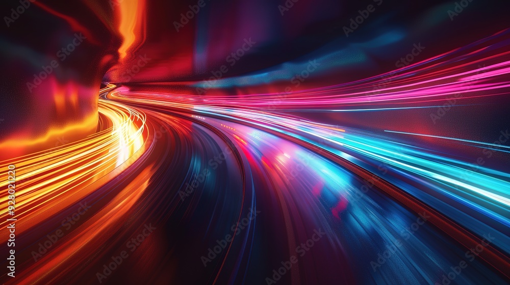 Abstract colorful light trails in a tunnel, creating a futuristic and dynamic design.