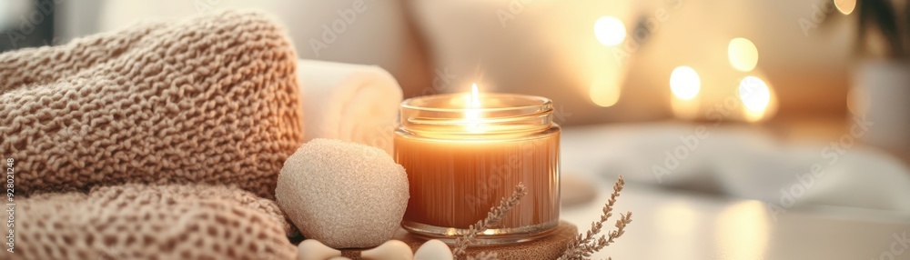 Cozy Candlelit Scene with Knitted Blanket and Spa Elements for Relaxation and Comfort Cozy Candlelit Scene with Knitted Blanket and Spa Elements for Relaxation and Comfort