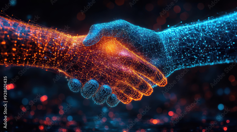 A digital handshake representing trust, with layers of encryption and cybersecurity symbols A digital handshake representing trust, with layers of encryption and cybersecurity symbols
