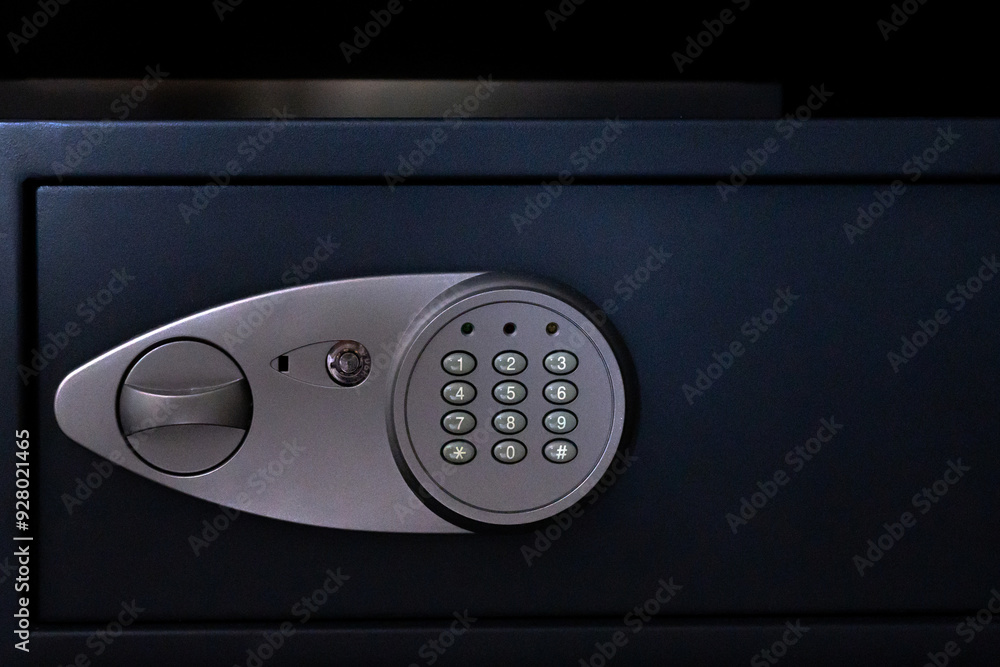 Electronic keypad door lock for security safe. Digital safe with black door Electronic keypad door lock for security safe. Digital safe with black door