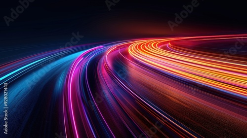 Abstract colorful light trails on a dark background.