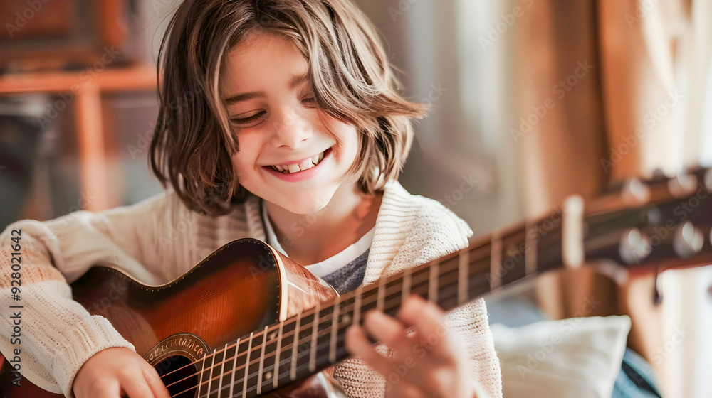 Fototapeta premium Joyful Youth Practicing Guitar Enjoying the Timeless Melody and Embrace of Music in Relaxing Indoor Setting