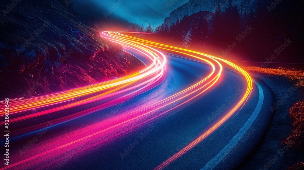 Abstract colorful light trails on a winding road in the mountains. Abstract colorful light trails on a winding road in the mountains.
