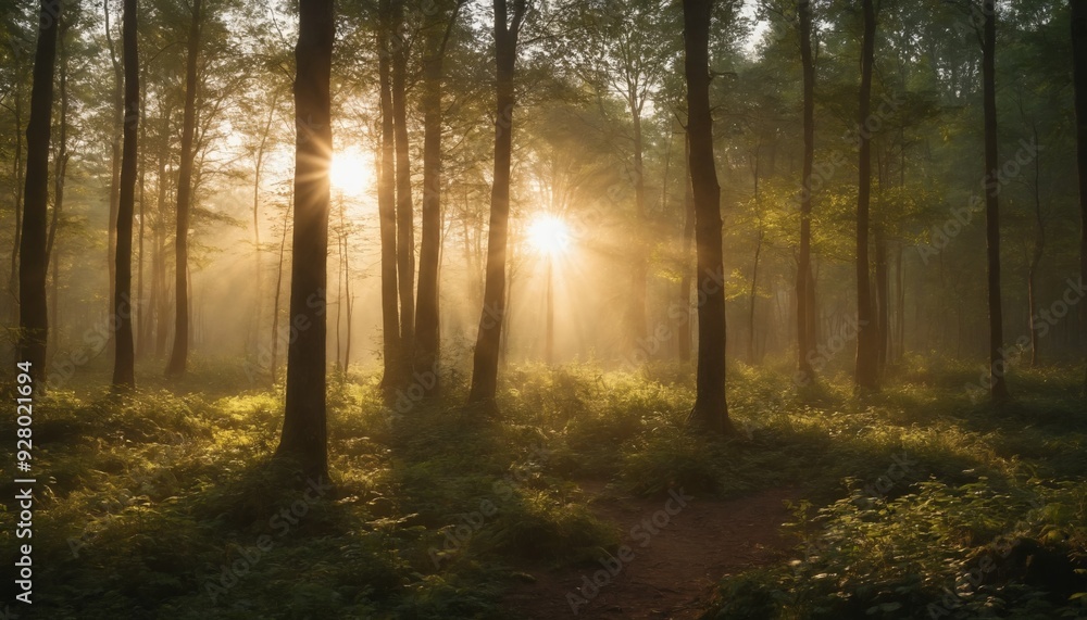 Sunbeams dappling through the trees in a misty morning forest