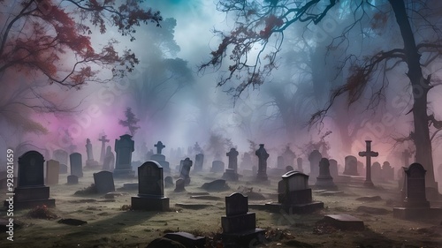 A tranquil cemetery illuminated by the moon, with flowers, candles, and tombstones all contributing to the quiet ambiance.Luminous tombs in a cemetery at dusk