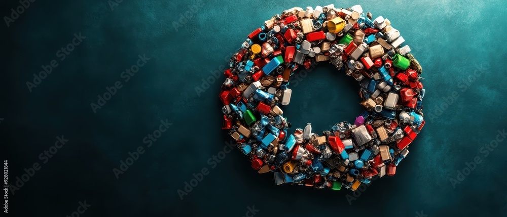 Colorful Wreath Made from Recycled Materials on Dark Green Background, Symbolizing Sustainability and Creative Upcycling Colorful Wreath Made from Recycled Materials on Dark Green Background, Symbolizing Sustainability and Creative Upcycling