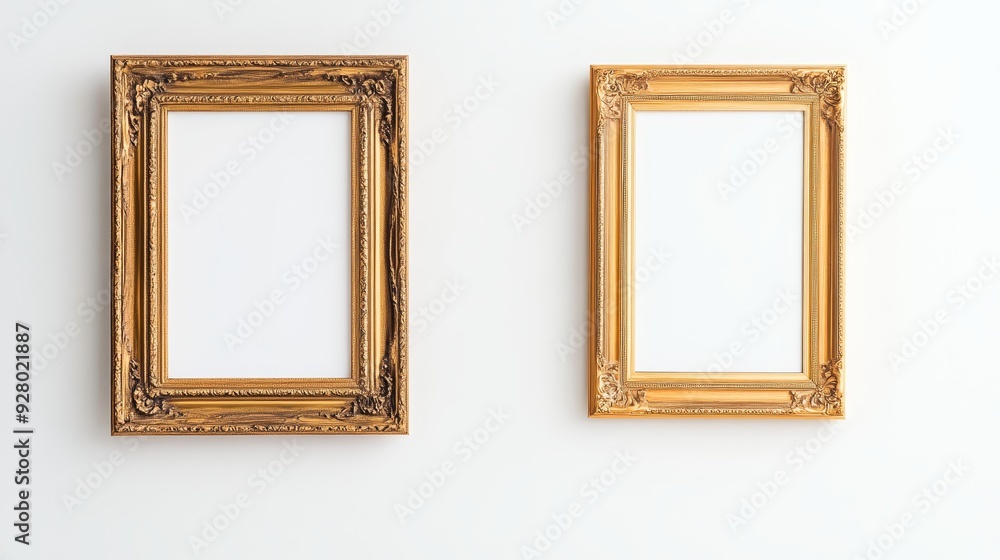 Two gold picture frames on white background Two gold picture frames on white background