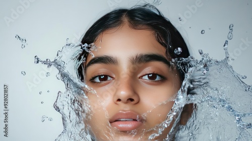 Close-up of a young woman's face with water splashing around her.