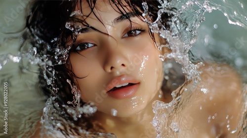 Closeup of a woman's face with water splashing around her.