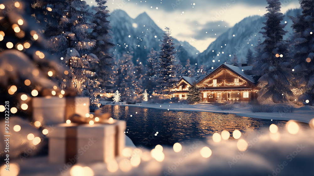 Fototapeta premium Charming holiday scene with decorations, gifts, and festive lights, hyper-detailed, ultra-realistic.