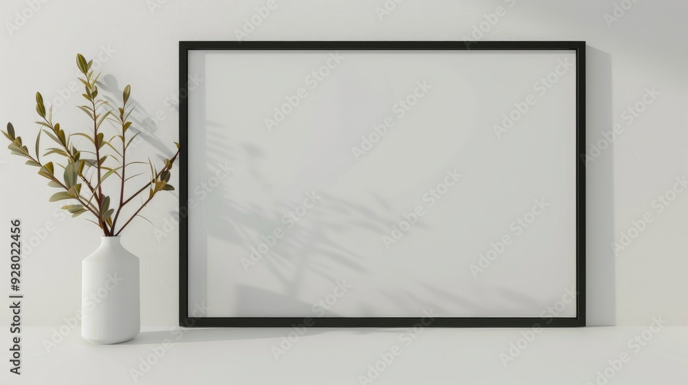 thin black bezel frame mockup, 16:9 frame on an empty white wall with generative ai