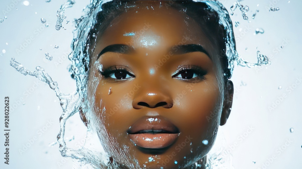 Close-up of a beautiful woman's face with water splashing around her. Close-up of a beautiful woman's face with water splashing around her.