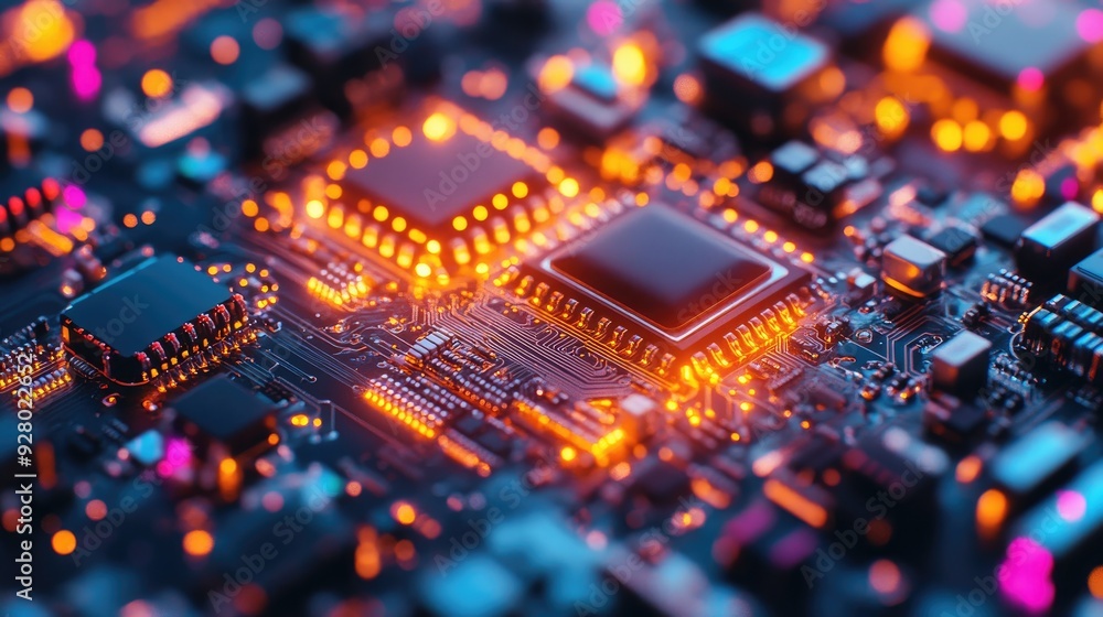 Fototapeta premium Close-up of a glowing circuit board with a processor chip in the center.