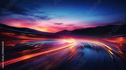 Abstract colorful swirl road leading to a mountain range at sunset.