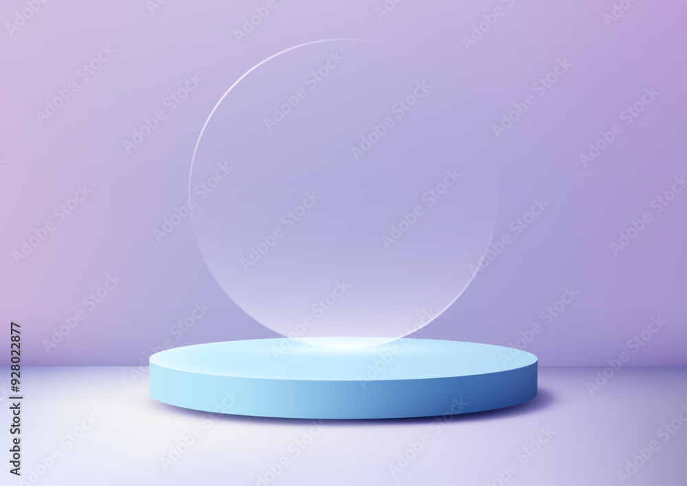 Minimalist Blue Podium with Transparent Circle on Soft Purple Backdrop, Modern 3D Product Display for Elegant Mockups, Showroom Minimalist Blue Podium with Transparent Circle on Soft Purple Backdrop, Modern 3D Product Display for Elegant Mockups, Showroom