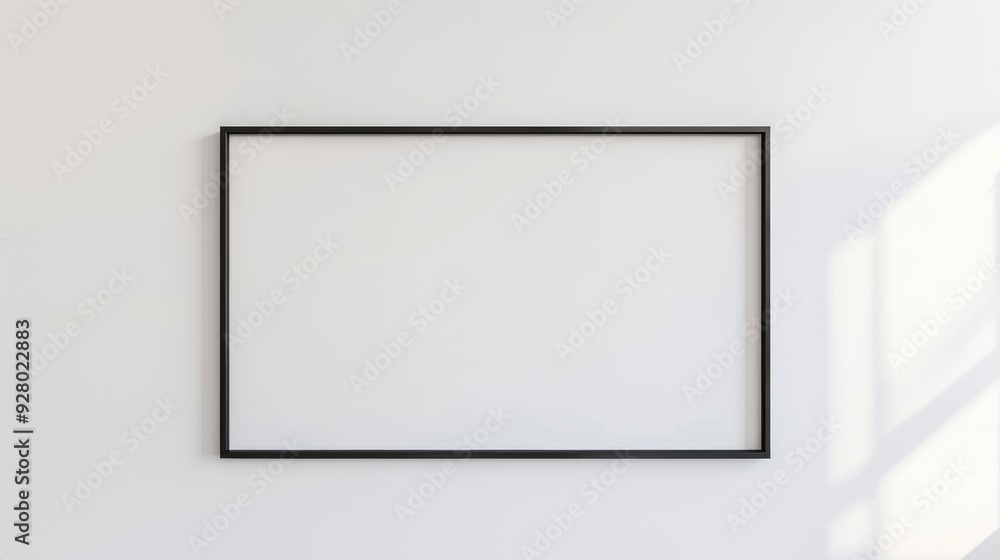 thin black bezel frame mockup, 16:9 frame on an empty white wall with generative ai thin black bezel frame mockup, 16:9 frame on an empty white wall with generative ai